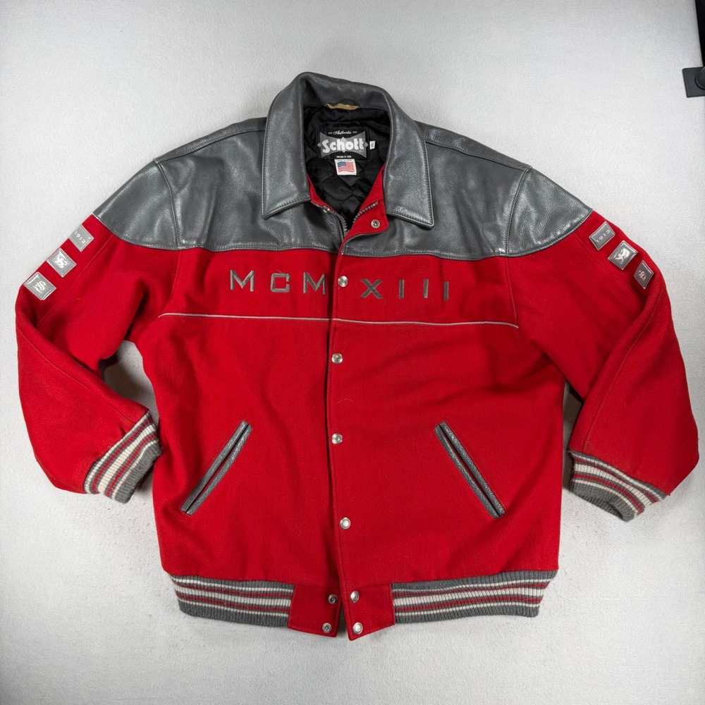 Schott NYC Varsity Jacket Mens XL Red Wool Grey Leather MCMXIII Made in USA